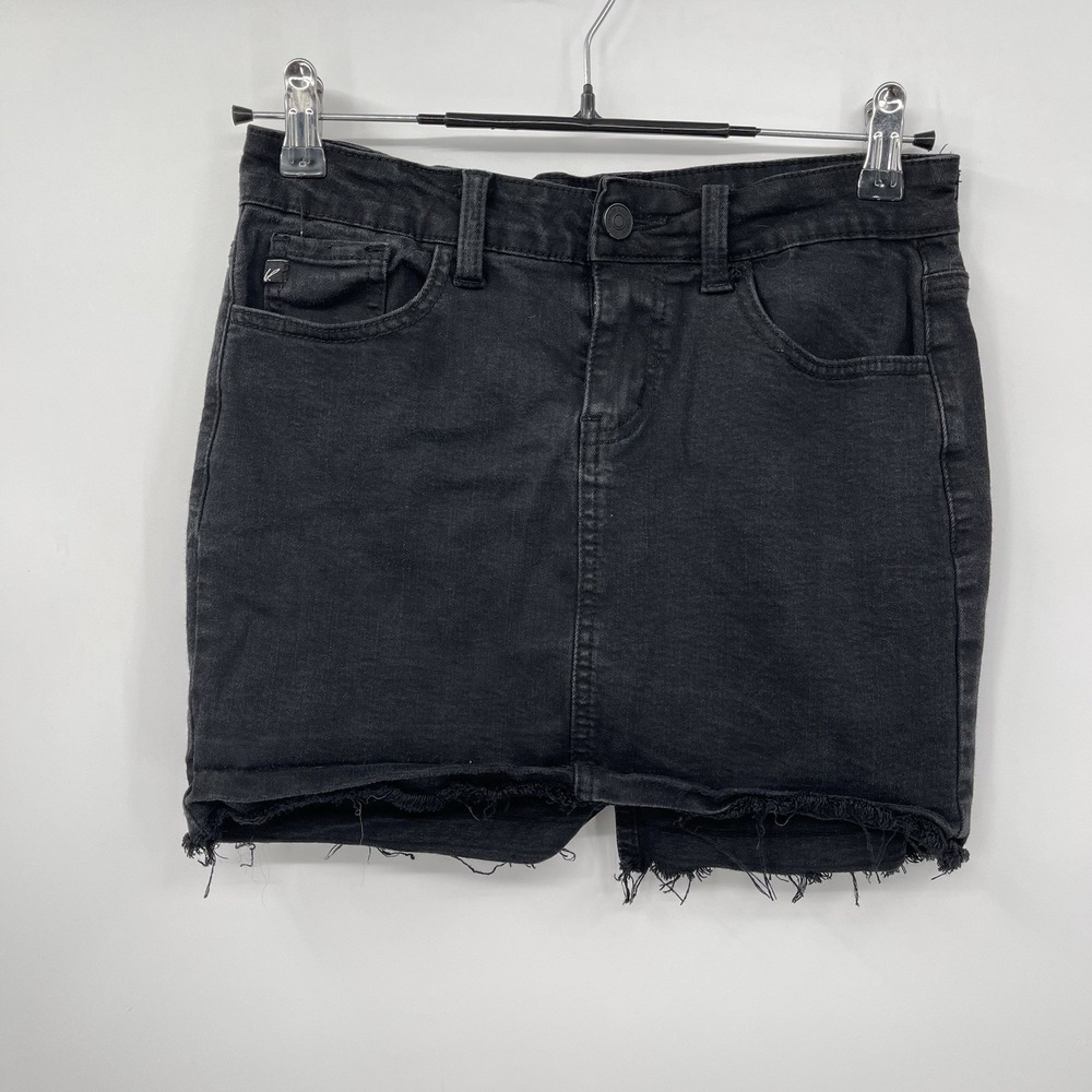 KanCan Small Denim Mini Skirt Womens Black Raw Hem Frayed KC6062BK